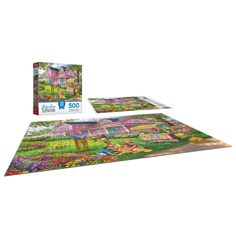 The completed ROSEART 500-piece jigsaw puzzle, "Lemonade on the Lawn," by Bigelow Illustrations showcases a vibrant garden scene, with the same enchanting image featured on the box.