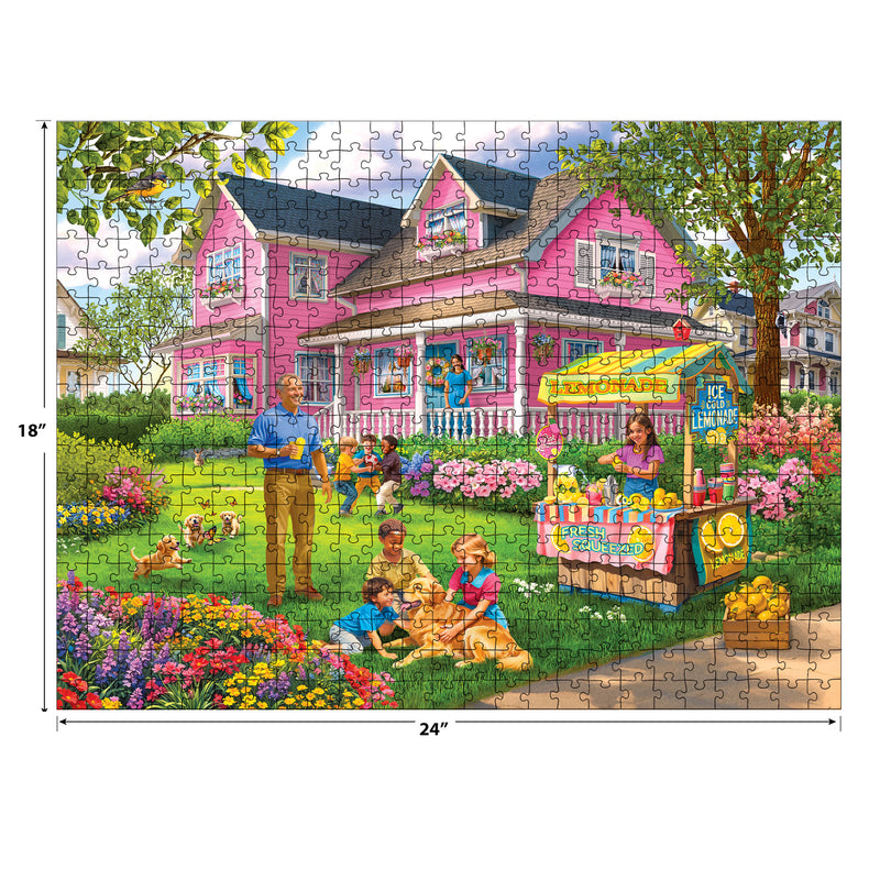 Discover the charming 500-piece "Lemonade on the Lawn" jigsaw puzzle by Bigelow Illustrations. Featuring a delightful scene of a family, dogs, and a lemonade stand near a pink house, this 24x18-inch puzzle from ROSEART offers hours of creative fun.