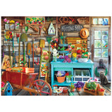 The ROSEART - HOBBY HAVEN - THE POTTING SHED - 1000 PIECE JIGSAW PUZZLE features a lively potting shed filled with tools, seeds, flowers, and a curious cat. Bright supplies are organized on shelves and a teal table, while a red wheelbarrow adds extra charm in the foreground.