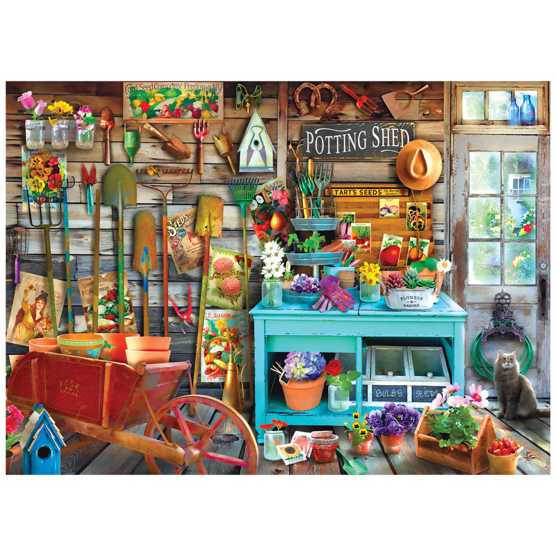 The ROSEART - HOBBY HAVEN - THE POTTING SHED - 1000 PIECE JIGSAW PUZZLE features a lively potting shed filled with tools, seeds, flowers, and a curious cat. Bright supplies are organized on shelves and a teal table, while a red wheelbarrow adds extra charm in the foreground.