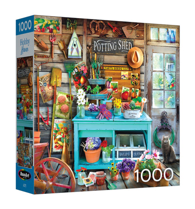 The ROSEART Hobby Haven: The Potting Shed 1000-piece jigsaw puzzle showcases a charming potting shed illustration with gardening tools, lush plants, and an inquisitive cat, perfect for delighting and challenging puzzle enthusiasts.