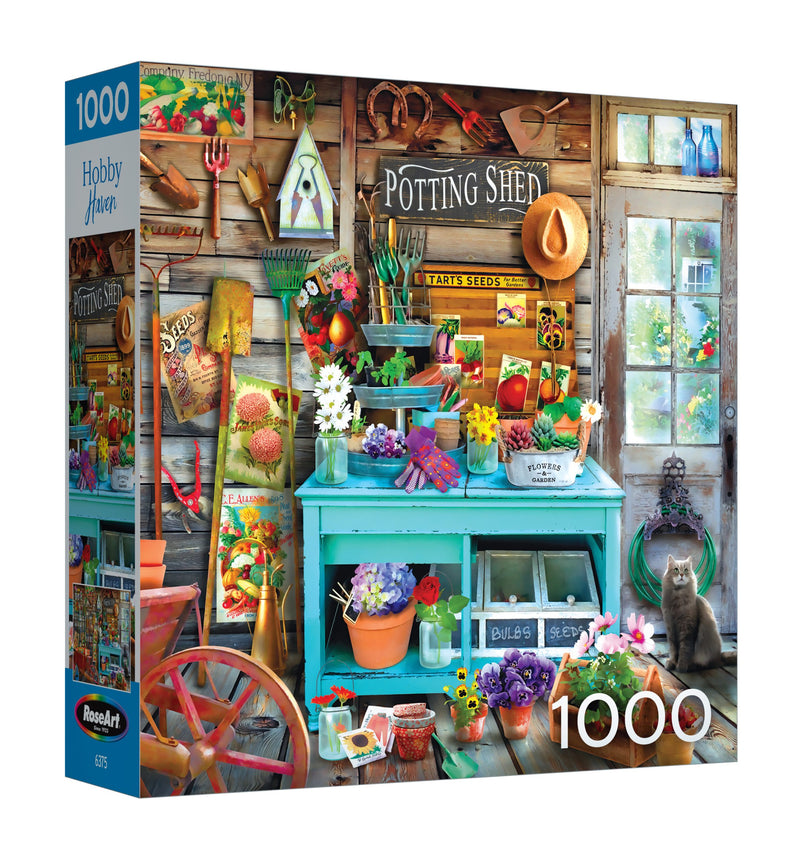The ROSEART Hobby Haven: The Potting Shed 1000-piece jigsaw puzzle showcases a charming potting shed illustration with gardening tools, lush plants, and an inquisitive cat, perfect for delighting and challenging puzzle enthusiasts.