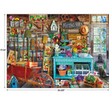 The ROSEART Hobby Haven - The Potting Shed 1000-piece jigsaw puzzle showcases a vibrant potting shed filled with gardening tools, plants, and decor. A wooden cart holds pots while a curious cat lounges nearby. Finished dimensions: 26.625” x 19.25”.