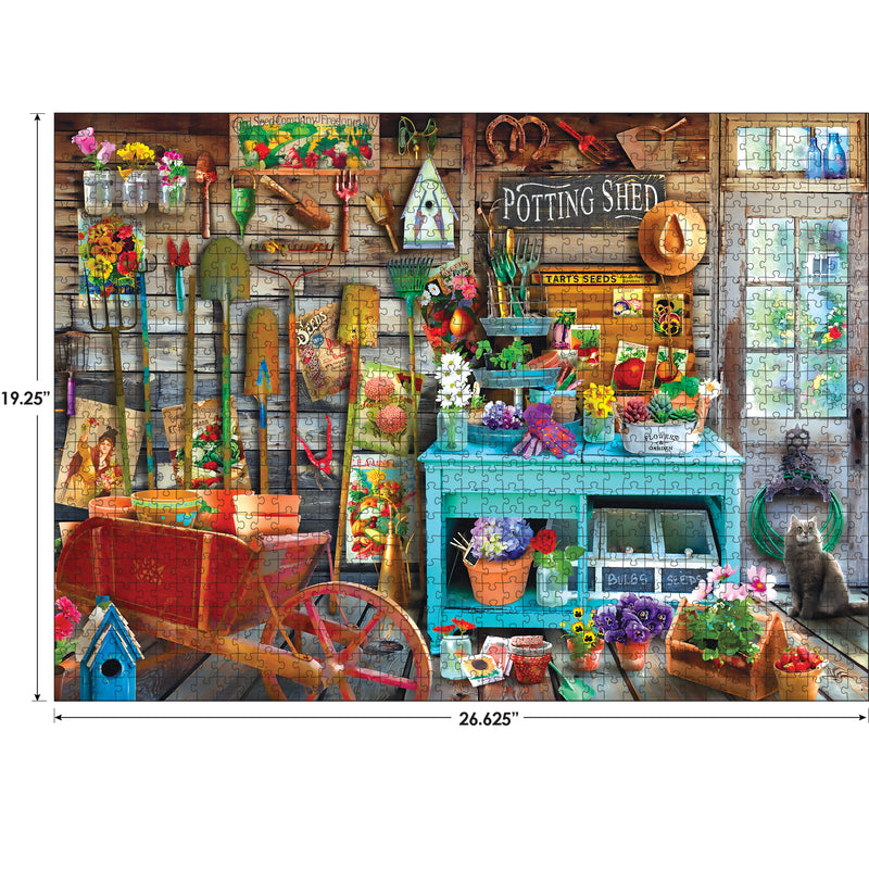 The ROSEART Hobby Haven - The Potting Shed 1000-piece jigsaw puzzle showcases a vibrant potting shed filled with gardening tools, plants, and decor. A wooden cart holds pots while a curious cat lounges nearby. Finished dimensions: 26.625” x 19.25”.