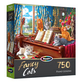 A 750-piece puzzle titled "RoseArt - Fancy Cats - Piano Lessons - 750 Piece Jigsaw Puzzle" by RoseArt, featuring colorful cats sitting on and around a piano with sheet music, flowers, and a picturesque garden visible through the window.