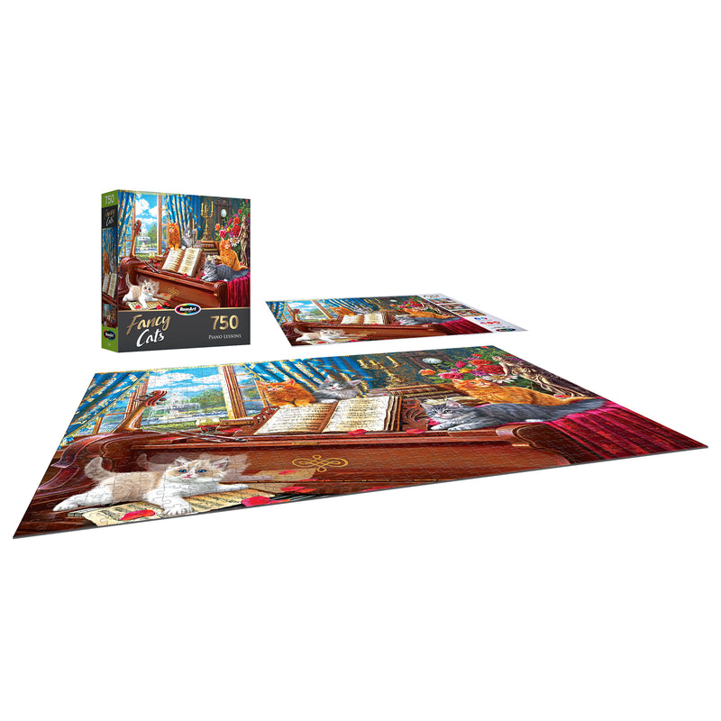 RoseArt - Fancy Cats - Piano Lessons - 750 Piece Jigsaw Puzzle of a cozy indoor scene with cats, books, and a piano. The box displays the puzzle image, and the partially assembled puzzle lies beside it.