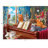 A group of cats lounges playfully on a grand piano, with sheet music and rose petals scattered. The background features a window with a garden view, blue curtains, candles, and decorative statues. This scene is depicted in the RoseArt - Fancy Cats - Piano Lessons - 750 Piece Jigsaw Puzzle.