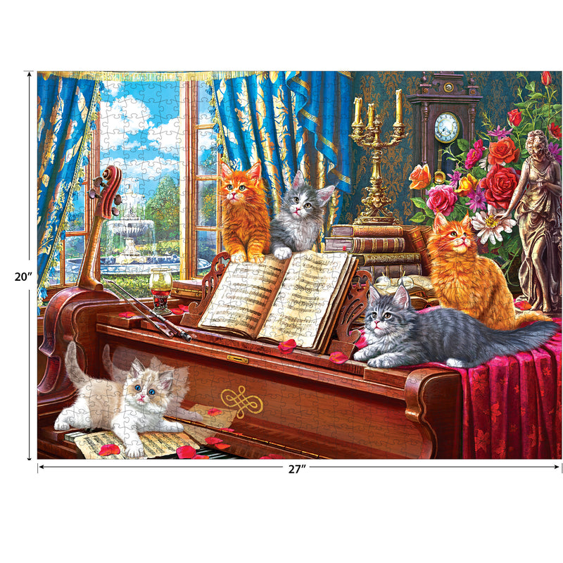 A group of cats lounges playfully on a grand piano, with sheet music and rose petals scattered. The background features a window with a garden view, blue curtains, candles, and decorative statues. This scene is depicted in the RoseArt - Fancy Cats - Piano Lessons - 750 Piece Jigsaw Puzzle.