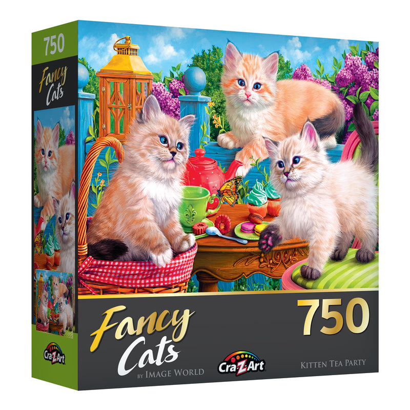 Box of a RoseArt - Fancy Cats - Kitten Tea Party - 750 Piece Jigsaw Puzzle featuring an illustration of three kittens around a tea party table surrounded by vibrant flowers and greenery.