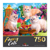 A colorful puzzle box showing three kittens at a garden tea party with the text "RoseArt - Fancy Cats - Kitten Tea Party - 750 Piece Jigsaw Puzzle" and the Cra-Z-Art logo.