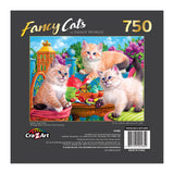 Box of a RoseArt - Fancy Cats - Kitten Tea Party - 750 Piece Jigsaw Puzzle titled "Fancy Cats" featuring three kittens at a tea party, with bright outdoor scenery. The puzzle is by Image World from Cra-Z-Art.