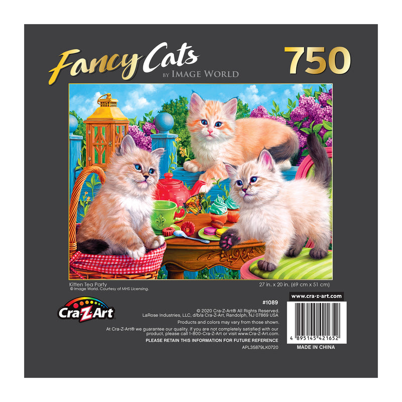 Box of a RoseArt - Fancy Cats - Kitten Tea Party - 750 Piece Jigsaw Puzzle titled "Fancy Cats" featuring three kittens at a tea party, with bright outdoor scenery. The puzzle is by Image World from Cra-Z-Art.