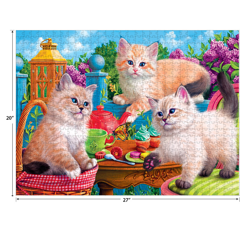 RoseArt - Fancy Cats - Kitten Tea Party - 750 Piece Jigsaw Puzzle featuring three kittens on a garden table surrounded by tea sets, flowers, and greenery. The completed dimensions are 27 inches wide and 20 inches tall.