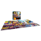 A completed 1000-piece RoseArt - Kodak Premium - Times Square & 7th Avenue, Manhattan, NY - 1000 Piece Jigsaw Puzzle depicting a vibrant cityscape, along with the puzzle box showing the same image.