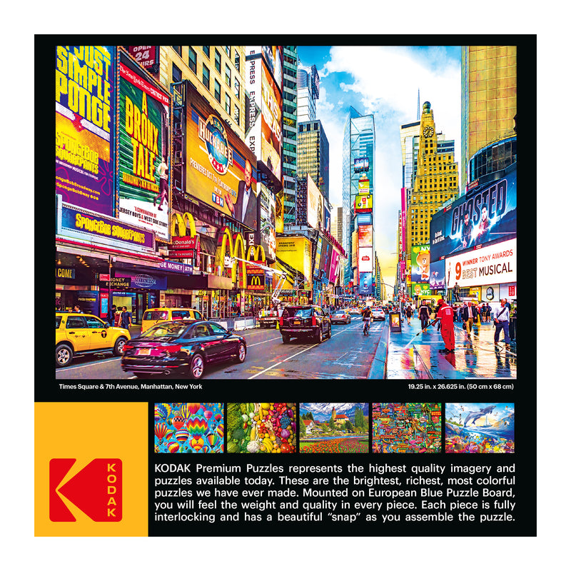 Image of colorful Times Square with numerous advertisements and signs. A busy street scene with people, vehicles, and buildings. Text below provides information about RoseArt - Kodak Premium - Times Square & 7th Avenue, Manhattan, NY - 1000 Piece Jigsaw Puzzle featuring this image.