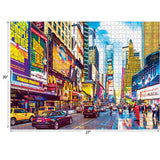 A busy street scene with numerous colorful billboards and advertisements, featuring taxis and pedestrians. The image dimensions are 20 inches by 27 inches. RoseArt - Kodak Premium - Times Square & 7th Avenue, Manhattan, NY - 1000 Piece Jigsaw Puzzle.