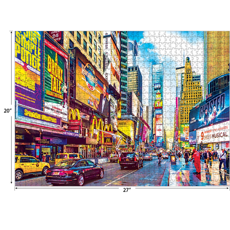 A busy street scene with numerous colorful billboards and advertisements, featuring taxis and pedestrians. The image dimensions are 20 inches by 27 inches. RoseArt - Kodak Premium - Times Square & 7th Avenue, Manhattan, NY - 1000 Piece Jigsaw Puzzle.