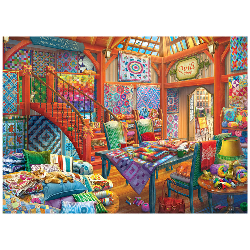 A cozy room brimming with colorful quilts, patchwork items, a wooden staircase, chairs, books, and a sleeping cat evokes the scene of ROSEART's HOBBY HAVEN - QUILT SHOP 1000 PIECE JIGSAW PUZZLE.