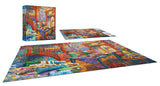 The ROSEART - HOBBY HAVEN - QUILT SHOP is a vibrant 1000-piece jigsaw puzzle featuring an intricate interior scene. The box showcases the beautiful image, capturing the completed puzzle on display, ideal for hobby enthusiasts.