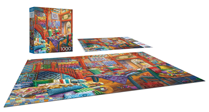 The ROSEART - HOBBY HAVEN - QUILT SHOP is a vibrant 1000-piece jigsaw puzzle featuring an intricate interior scene. The box showcases the beautiful image, capturing the completed puzzle on display, ideal for hobby enthusiasts.