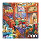 The cozy quilt shop interior is vibrant with colorful quilts and pillows. A cat naps on a chair, surrounded by knitting items and the ROSEART HOBBY HAVEN QUILT SHOP 1000-piece jigsaw puzzle, while sunlight filters in, creating a warm, inviting atmosphere.