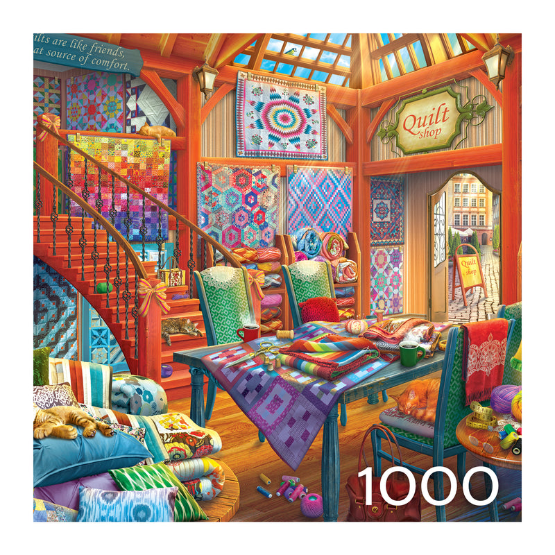 The cozy quilt shop interior is vibrant with colorful quilts and pillows. A cat naps on a chair, surrounded by knitting items and the ROSEART HOBBY HAVEN QUILT SHOP 1000-piece jigsaw puzzle, while sunlight filters in, creating a warm, inviting atmosphere.