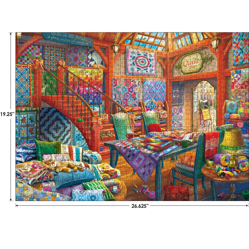 ROSEART's 1000-piece jigsaw puzzle, "HOBBY HAVEN," captures a quilt shop adorned with quilts on walls and quilted decor on tables amidst sewing supplies. The cozy room features warm lighting and neatly organized space, making it a true quilt enthusiast’s dream.