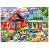 Illustration of Greentree Garden Center, from ROSEART - HOBBY HAVEN's 1000 PIECE JIGSAW PUZZLE, features blooming flowers, gardening tools on shelves, a bicycle by the entrance, and a cheerful dog lounging in front.