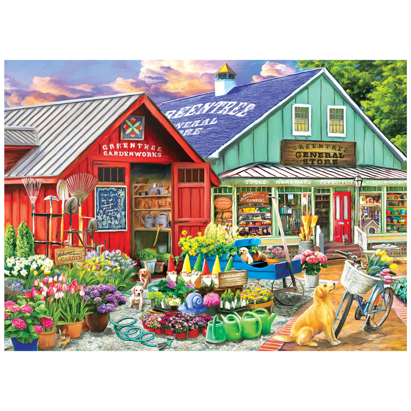 Illustration of Greentree Garden Center, from ROSEART - HOBBY HAVEN's 1000 PIECE JIGSAW PUZZLE, features blooming flowers, gardening tools on shelves, a bicycle by the entrance, and a cheerful dog lounging in front.