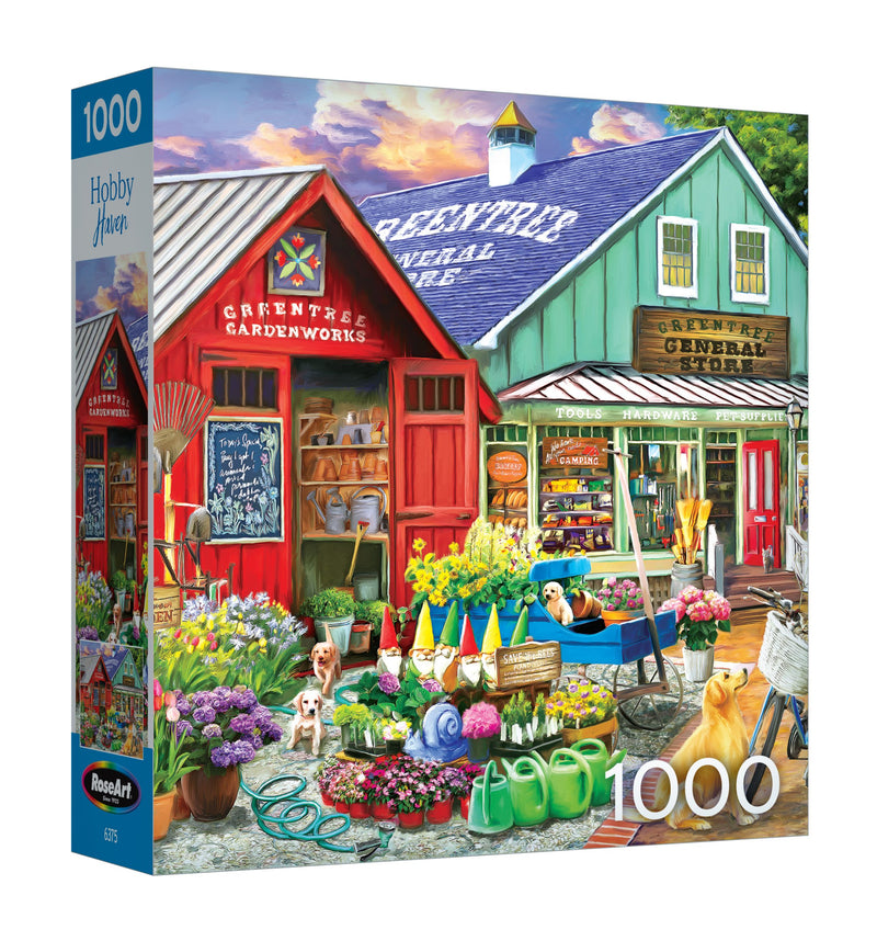 Explore the ROSEART Hobby Haven Greentree Garden Center 1000-piece jigsaw puzzle, showcasing a vibrant garden store filled with colorful flowers, plants, and decor. Dive into this lively scene and tackle a delightful challenge for every puzzle enthusiast!.