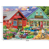 Discover the vibrant world of Greentree Garden Center with ROSEART's Hobby Haven 1000-piece jigsaw puzzle. Featuring a colorful country store, garden shop, flowers, gardening tools, and a bicycle scene, it measures 19.25 by 26.625 inches—ideal for your next hobby adventure.