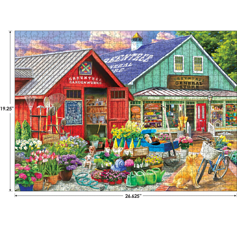 Discover the vibrant world of Greentree Garden Center with ROSEART's Hobby Haven 1000-piece jigsaw puzzle. Featuring a colorful country store, garden shop, flowers, gardening tools, and a bicycle scene, it measures 19.25 by 26.625 inches—ideal for your next hobby adventure.