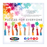 Hands of diverse skin tones hold colorful jigsaw pieces under "Puzzles for Everyone," featuring RoseArt branding and social media icons. Art by Millie Illustrates adds uniqueness to this inclusive image for the ROSEART - MILLIE ILLUSTRATES - MARSEILLE - 300 PIECE JIGSAW PUZZLE.