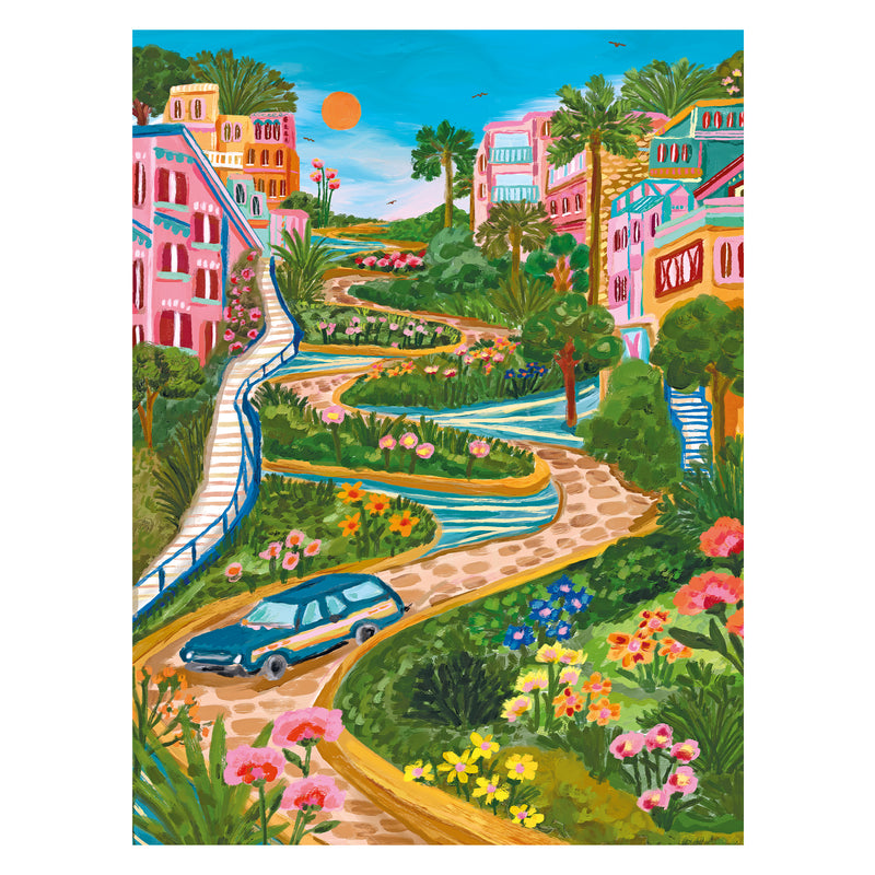 Experience the vibrant beauty of ROSEART's "Millie Illustrates - Lombard Street San Francisco" 300-piece jigsaw puzzle, featuring a winding scenic road with flowers, colorful buildings, and a car navigating curves under a clear blue sky.