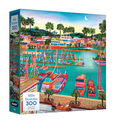 Enjoy the lively charm of Vieux Port de Cannes with the ROSEART - MILLIE ILLUSTRATES 300-piece jigsaw puzzle, showcasing boats, waterfront buildings, palm trees, and a bright sky for a colorful and peaceful afternoon.