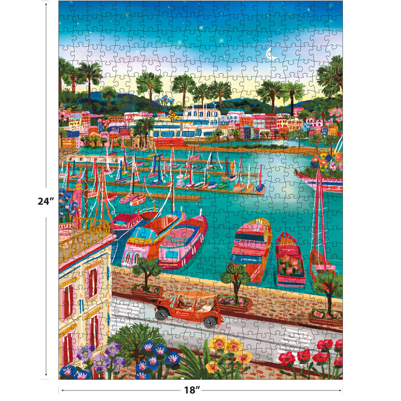 A vibrant illustration of Cannes' coastal town shows boats in the harbor, swaying palm trees, and a red convertible on streets resembling a RoseArt jigsaw puzzle. Product: ROSEART - MILLIE ILLUSTRATES - VIEUX PORT DE CANNES - 300 PIECE JIGSAW PUZZLE.