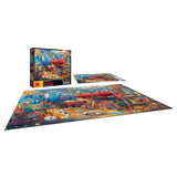 A completed 2000-piece RoseArt - Kodak Collector - Train Station - jigsaw puzzle featuring a vibrant and colorful image of a retro-themed scene, with its original packaging and an accompanying picture guide.