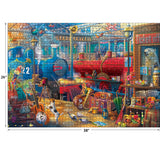 Colorful image of a cluttered vintage train station scene, featuring a red and blue train, luggage, musical instruments, and various artifacts. Dimensions are labeled: 26 inches tall by 38 inches wide. Product Name: RoseArt - Kodak Collector - Train Station - 2000 Piece Jigsaw Puzzle
