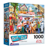 A 1000-piece jigsaw puzzle titled "RoseArt - Back to the Past - Ice Cream Truck Day" featuring an ice cream truck scene by Edward Wargo. Includes a bonus puzzle poster.