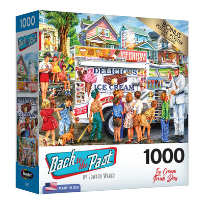 A 1000-piece jigsaw puzzle titled "RoseArt - Back to the Past - Ice Cream Truck Day" featuring an ice cream truck scene by Edward Wargo. Includes a bonus puzzle poster.
