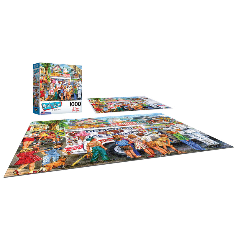 A nearly complete 1000-piece jigsaw puzzle depicting a vibrant scene of people gathered around a mobile ice cream stand. The product, RoseArt - Back to the Past - Ice Cream Truck Day - 1000 Piece Jigsaw Puzzle, box features the same image and is shown upright to the left.