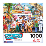 A vintage-style puzzle box showing children gathered around an ice cream truck in a neighborhood. The box says "RoseArt - Back to the Past - Ice Cream Truck Day - 1000 Piece Jigsaw Puzzle.