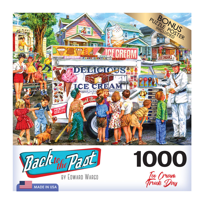 A vintage-style puzzle box showing children gathered around an ice cream truck in a neighborhood. The box says "RoseArt - Back to the Past - Ice Cream Truck Day - 1000 Piece Jigsaw Puzzle.