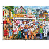 A group of children stands in line at a RoseArt - Back to the Past - Ice Cream Truck Day - 1000 Piece Jigsaw Puzzle on a neighborhood street. Some kids are holding ice cream cones, while others wait patiently. The scene is vibrant and colorful.