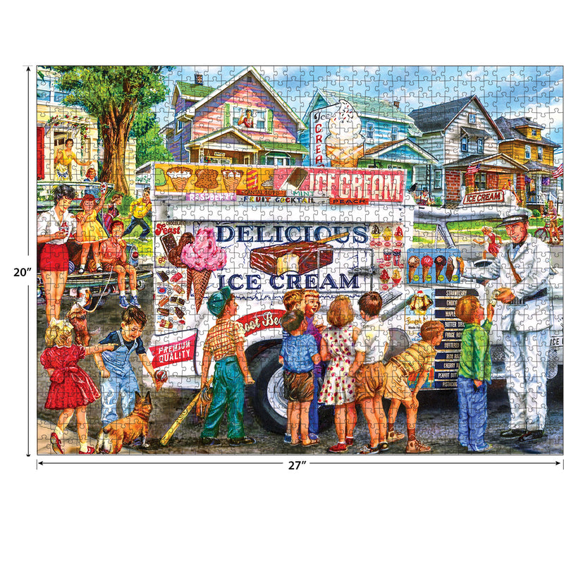 A group of children stands in line at a RoseArt - Back to the Past - Ice Cream Truck Day - 1000 Piece Jigsaw Puzzle on a neighborhood street. Some kids are holding ice cream cones, while others wait patiently. The scene is vibrant and colorful.