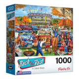 Cover of the RoseArt - Back to the Past - Tailgating Fun - 1000 Piece Jigsaw Puzzle by Edward Wargo, showing a colorful tailgating scene outside a football stadium with people, cars, and food stands.