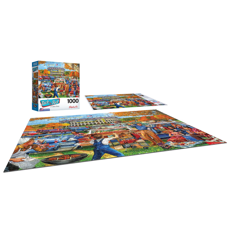 A 1000-piece puzzle featuring a vibrant fall festival scene is shown completed and partially assembled next to its box. The box is labeled RoseArt - Back to the Past - Tailgating Fun - 1000 Piece Jigsaw Puzzle.