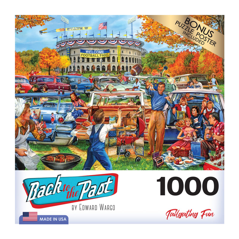 Colorful puzzle box featuring a vintage tailgating scene in a stadium parking lot. The label reads "RoseArt - Back to the Past - Tailgating Fun - 1000 Piece Jigsaw Puzzle" by Edward Wargo, and includes a 1000-piece count and a bonus puzzle poster.