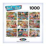 Image of a 1000-piece jigsaw puzzle titled "RoseArt - Back to the Past - Tailgating Fun - 1000 Piece Jigsaw Puzzle" by RoseArt, featuring nine nostalgic scenes. Text at the bottom mentions the "ColorSharp" process and a website link for more information.