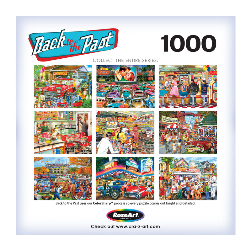 Image of a 1000-piece jigsaw puzzle titled "RoseArt - Back to the Past - Tailgating Fun - 1000 Piece Jigsaw Puzzle" by RoseArt, featuring nine nostalgic scenes. Text at the bottom mentions the "ColorSharp" process and a website link for more information.